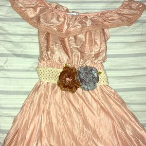 Blush pink dress with floral tan belt